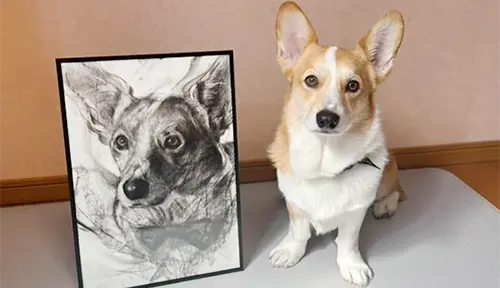 愛犬と作品の2ショット写真